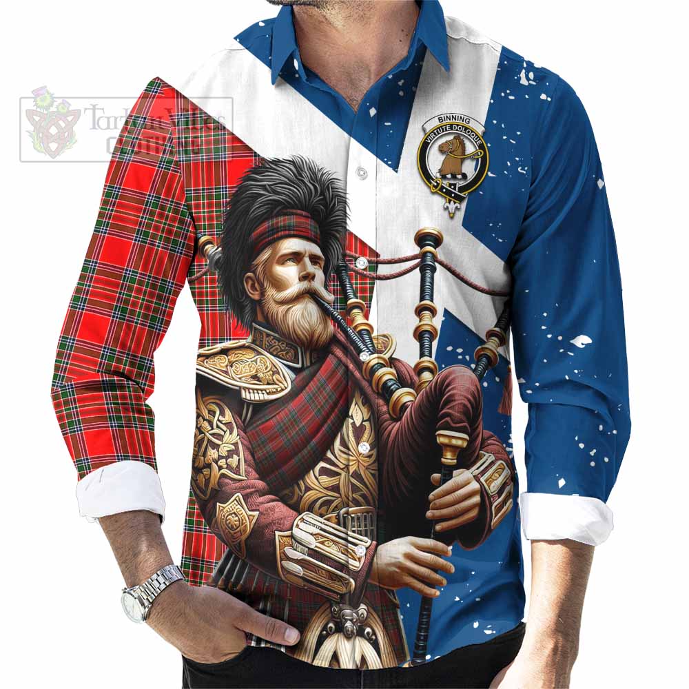 Tartan Vibes Clothing Binning Tartan Long Sleeve Button Shirt with Family Crest Scottish Bagpiper Vibes