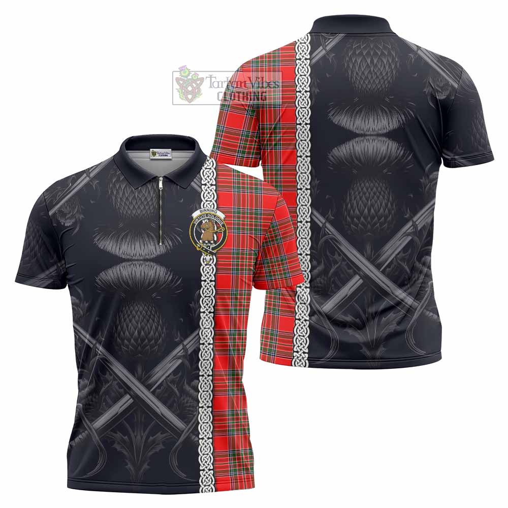 Tartan Vibes Clothing Binning Tartan Zipper Polo Shirt with Family Crest Cross Sword Thistle Celtic Vibes