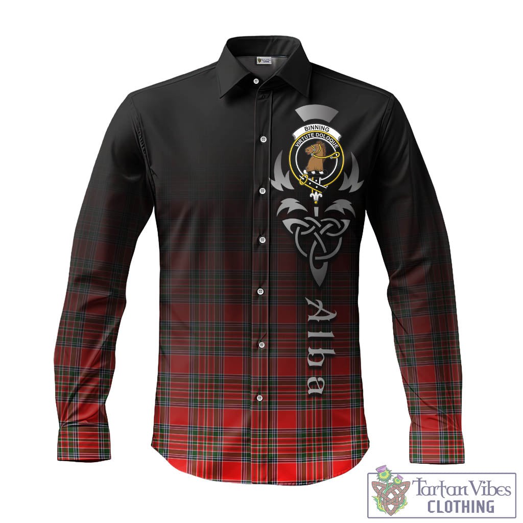 Tartan Vibes Clothing Binning Tartan Long Sleeve Button Up Featuring Alba Gu Brath Family Crest Celtic Inspired