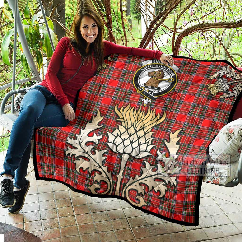 Tartan Vibes Clothing Binning Tartan Quilt with Family Crest and Golden Thistle Style