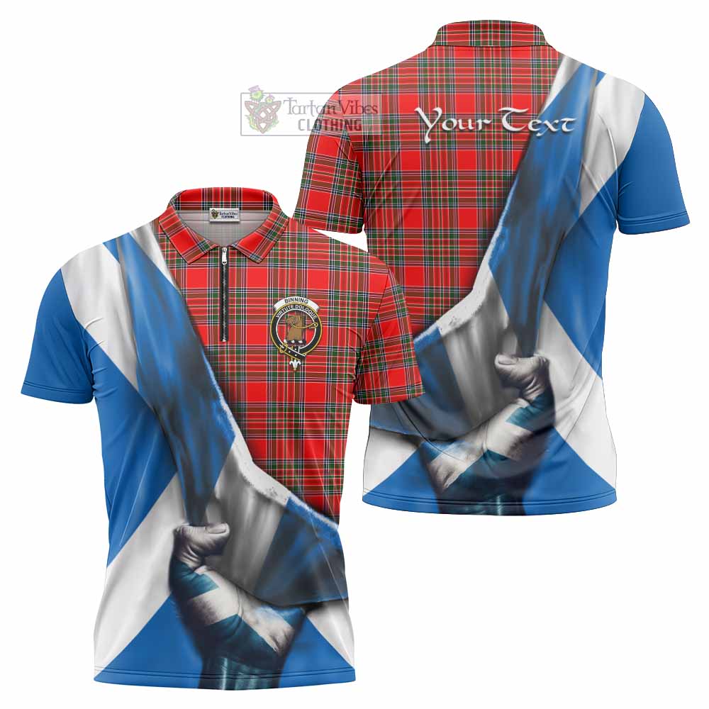 Tartan Vibes Clothing Binning Tartan Zipper Polo Shirt with Family Crest Scotland Patriotic Style