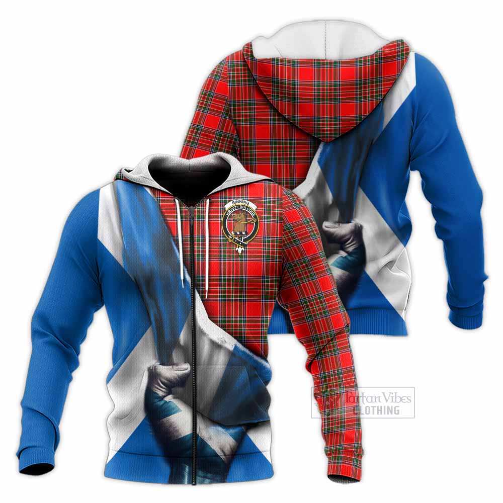 Tartan Vibes Clothing Binning Tartan Knitted Hoodie with Family Crest Scotland Patriotic Style