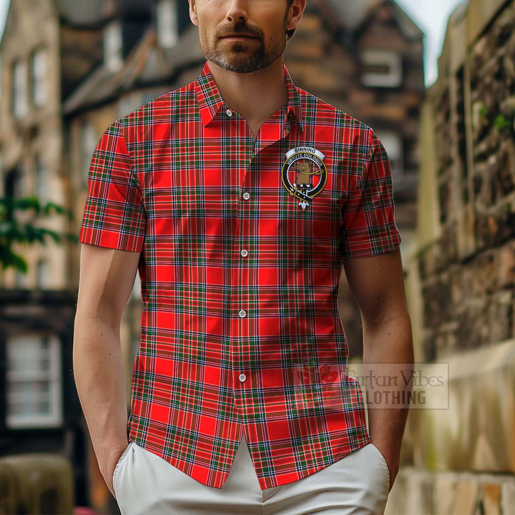 Tartan Vibes Clothing Binning Tartan Short Sleeve Button Shirt with Family Crest and Bearded Skull Holding Bottles of Whiskey