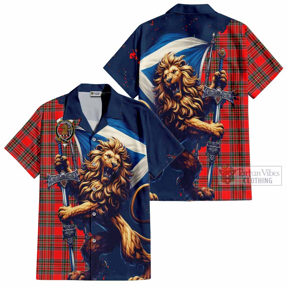 Tartan Vibes Clothing Binning Tartan Family Crest Short Sleeve Button Shirt with Scottish Majestic Lion