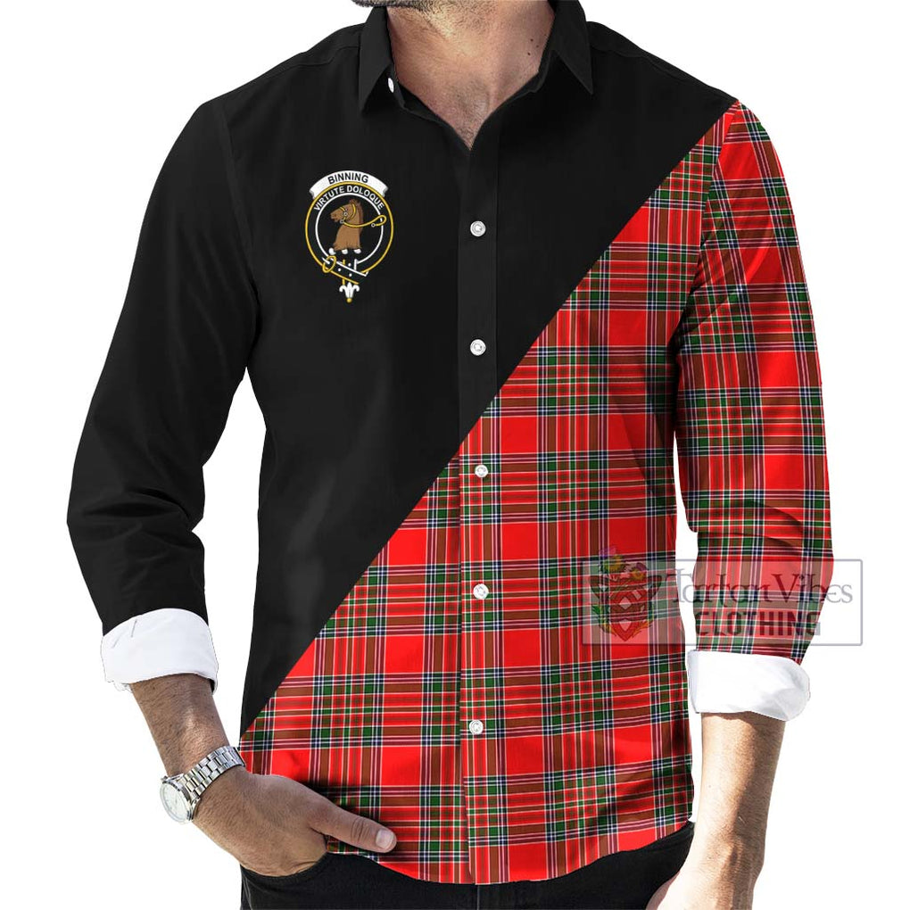 Binning Tartan Long Sleeve Button Shirt with Family Crest and Military Logo Style - Tartanvibesclothing Shop