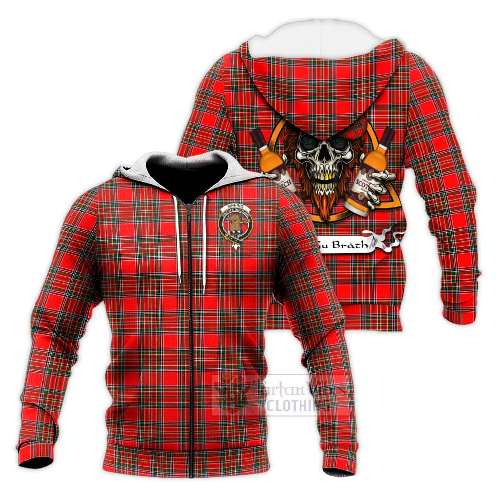 Tartan Vibes Clothing Binning Tartan Knitted Hoodie with Family Crest and Bearded Skull Holding Bottles of Whiskey