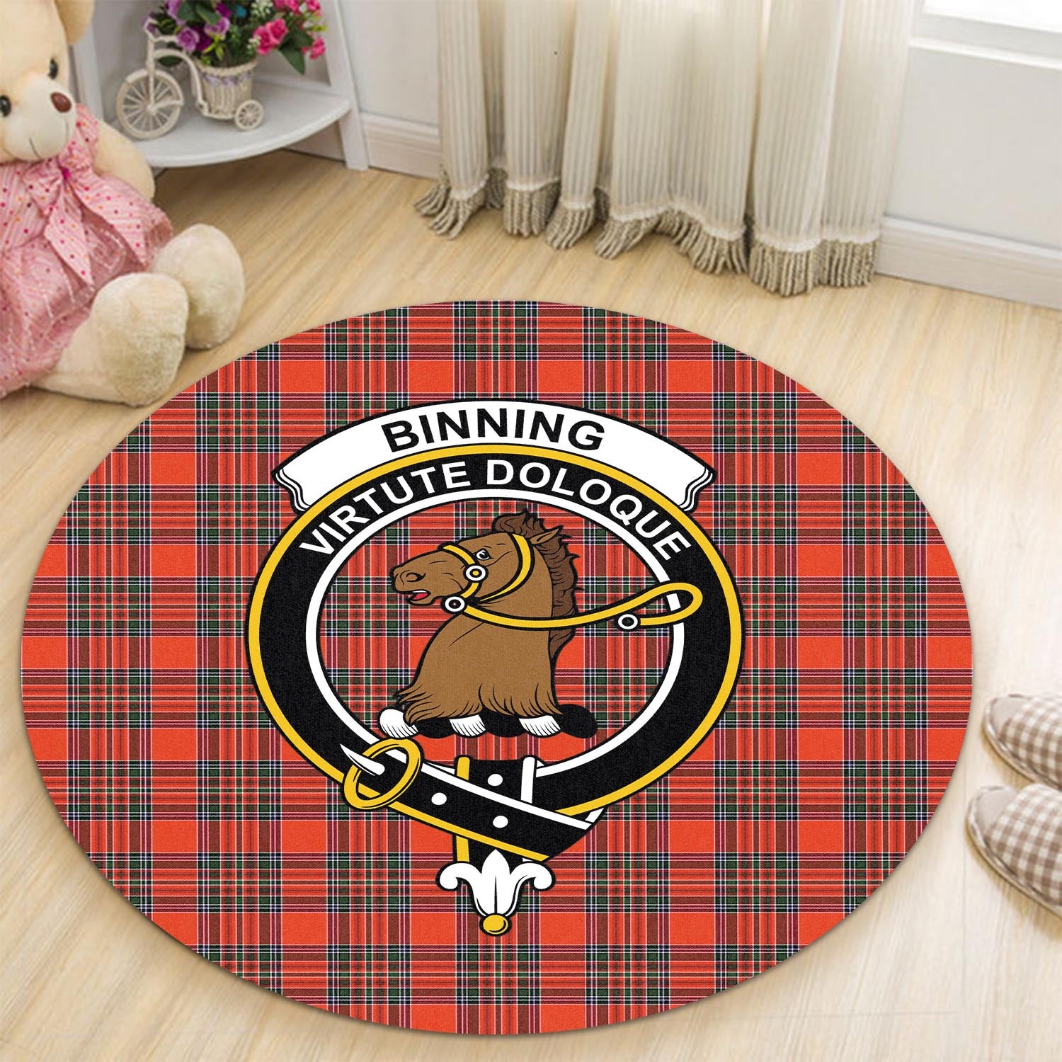 Binning Tartan Round Rug with Family Crest - Tartanvibesclothing