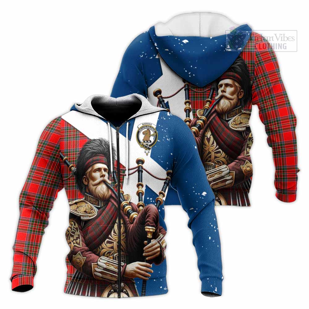 Tartan Vibes Clothing Binning Tartan Knitted Hoodie with Family Crest Scottish Bagpiper Vibes