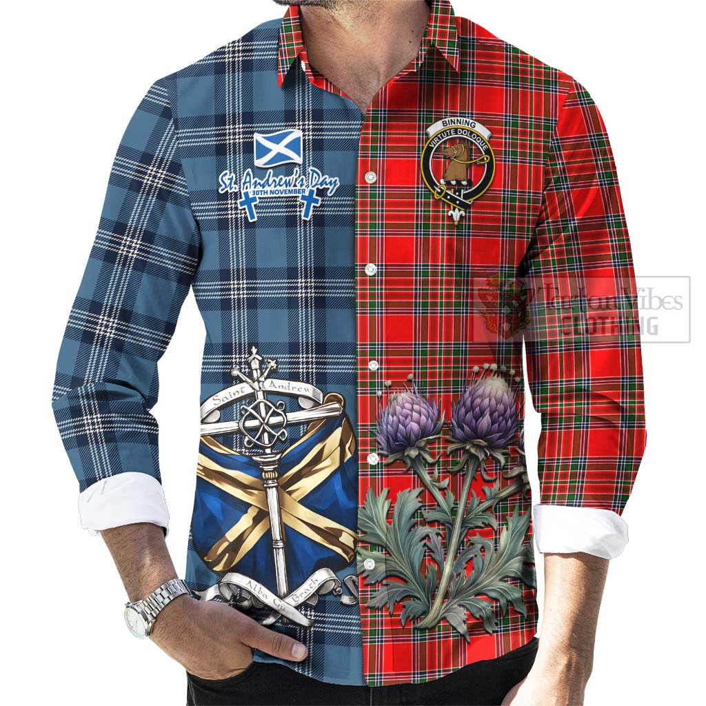 Tartan Vibes Clothing Binning Tartan Long Sleeve Button Shirt Happy St. Andrew's Day Half Tartan Style