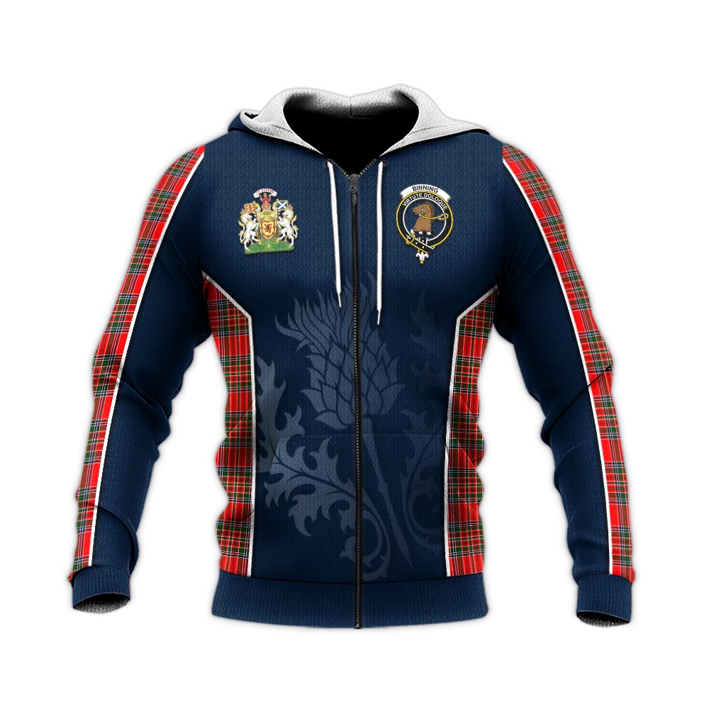 Tartan Vibes Clothing Binning Tartan Knitted Hoodie with Family Crest and Scottish Thistle Vibes Sport Style