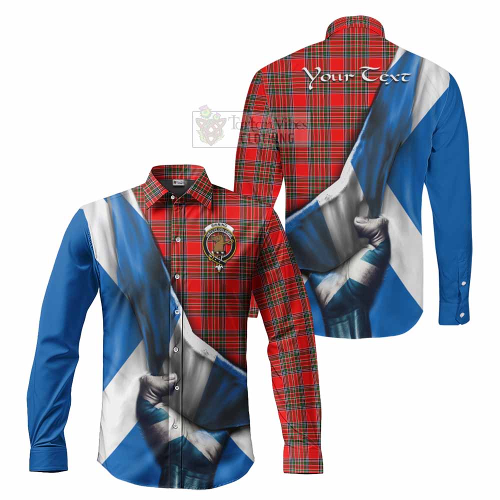 Tartan Vibes Clothing Binning Tartan Long Sleeve Button Shirt with Family Crest Scotland Patriotic Style