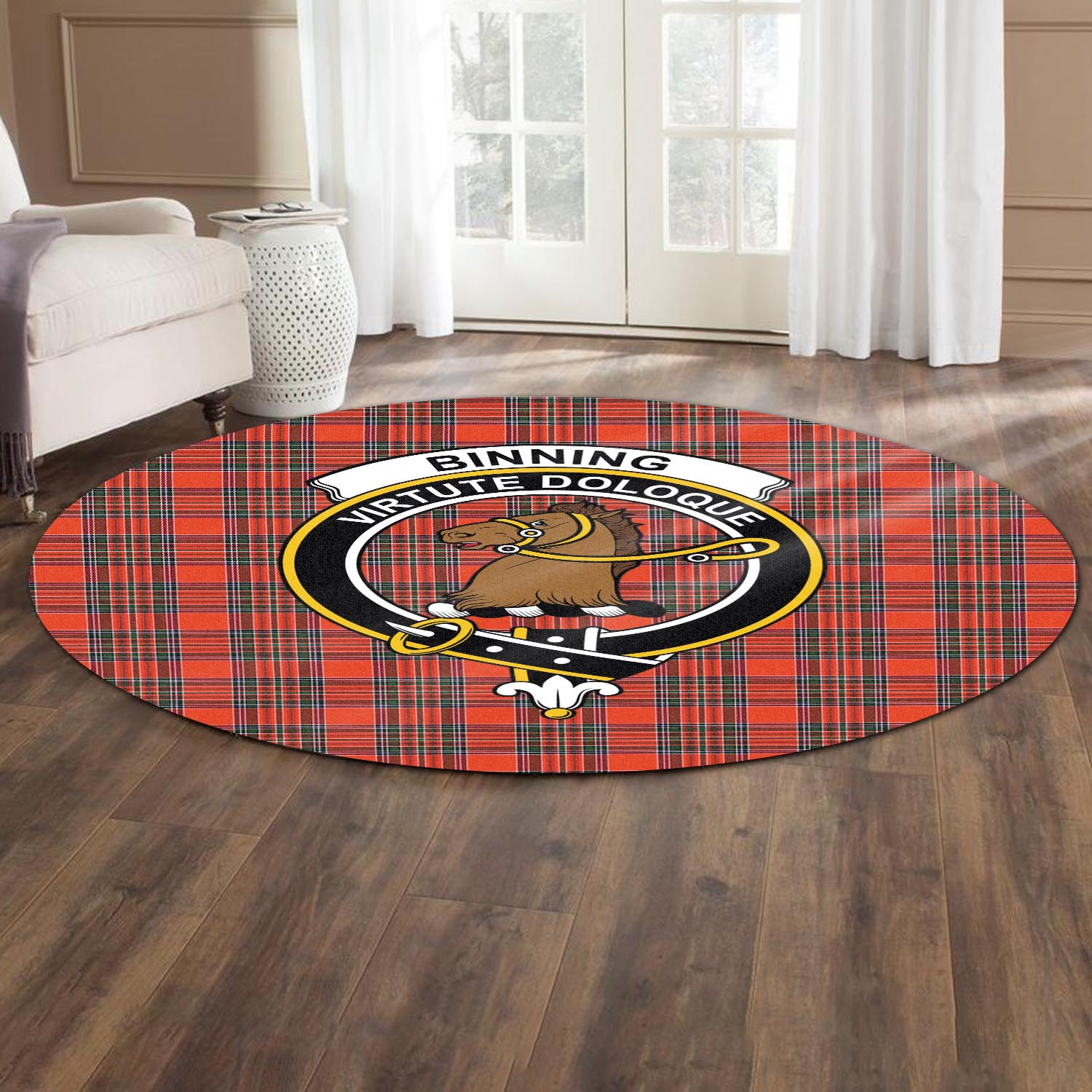 Binning Tartan Round Rug with Family Crest - Tartanvibesclothing