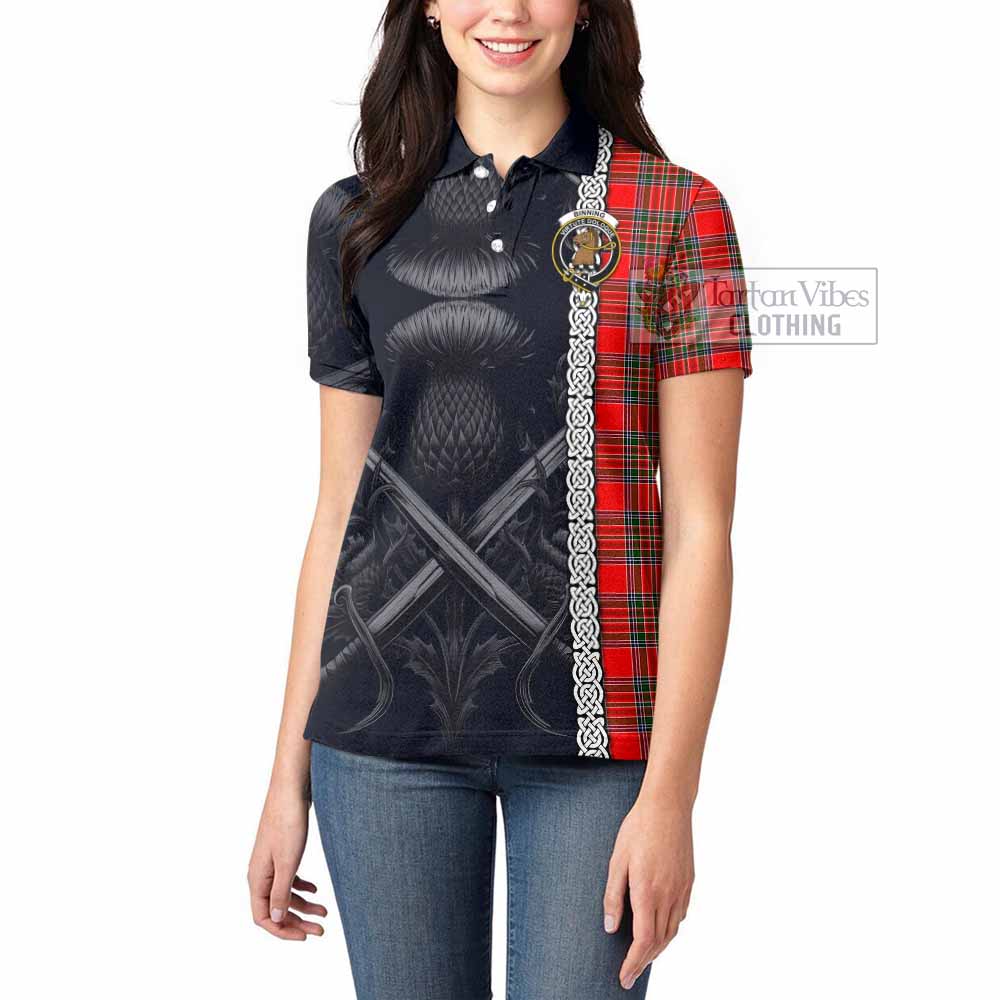 Tartan Vibes Clothing Binning Tartan Women's Polo Shirt with Family Crest Cross Sword Thistle Celtic Vibes