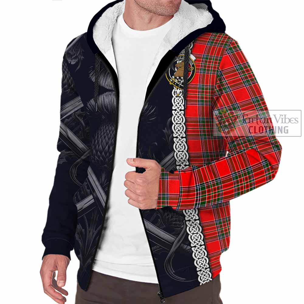 Tartan Vibes Clothing Binning Tartan Sherpa Hoodie with Family Crest Cross Sword Thistle Celtic Vibes