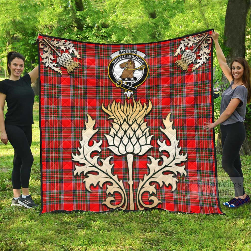 Tartan Vibes Clothing Binning Tartan Quilt with Family Crest and Golden Thistle Style