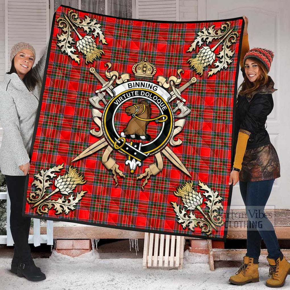 Tartan Vibes Clothing Binning Tartan Quilt with Family Crest and Scottish Golden Courage Shield