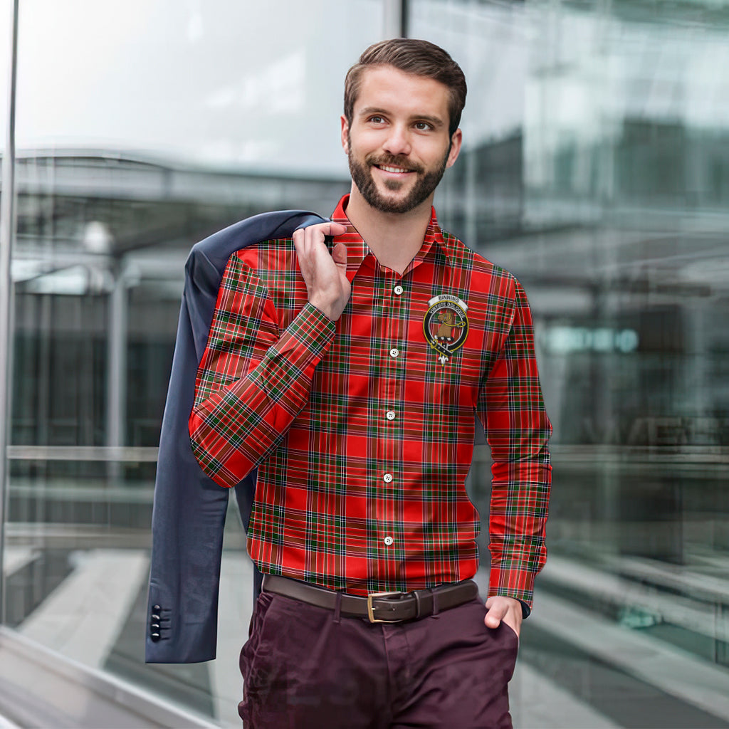 Binning Tartan Long Sleeve Button Up Shirt with Family Crest - Tartanvibesclothing