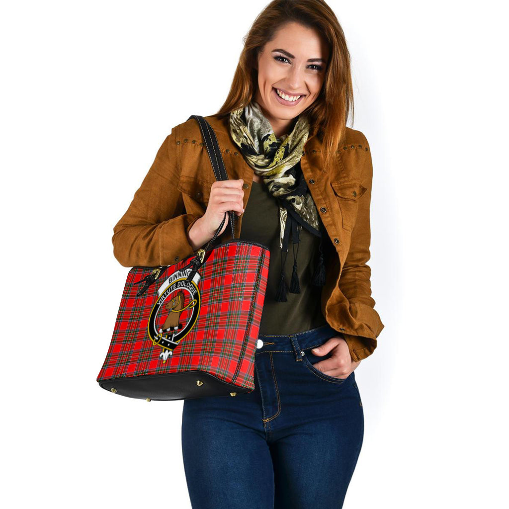 Binning Tartan Leather Tote Bag with Family Crest - Tartanvibesclothing