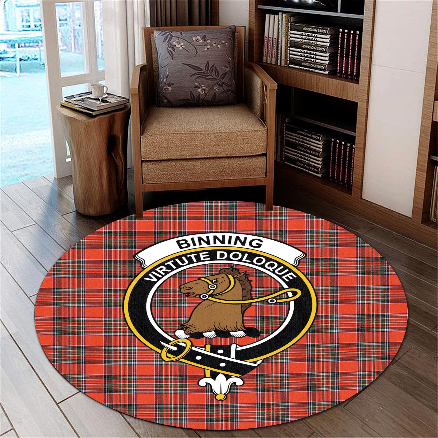 Binning Tartan Round Rug with Family Crest - Tartanvibesclothing