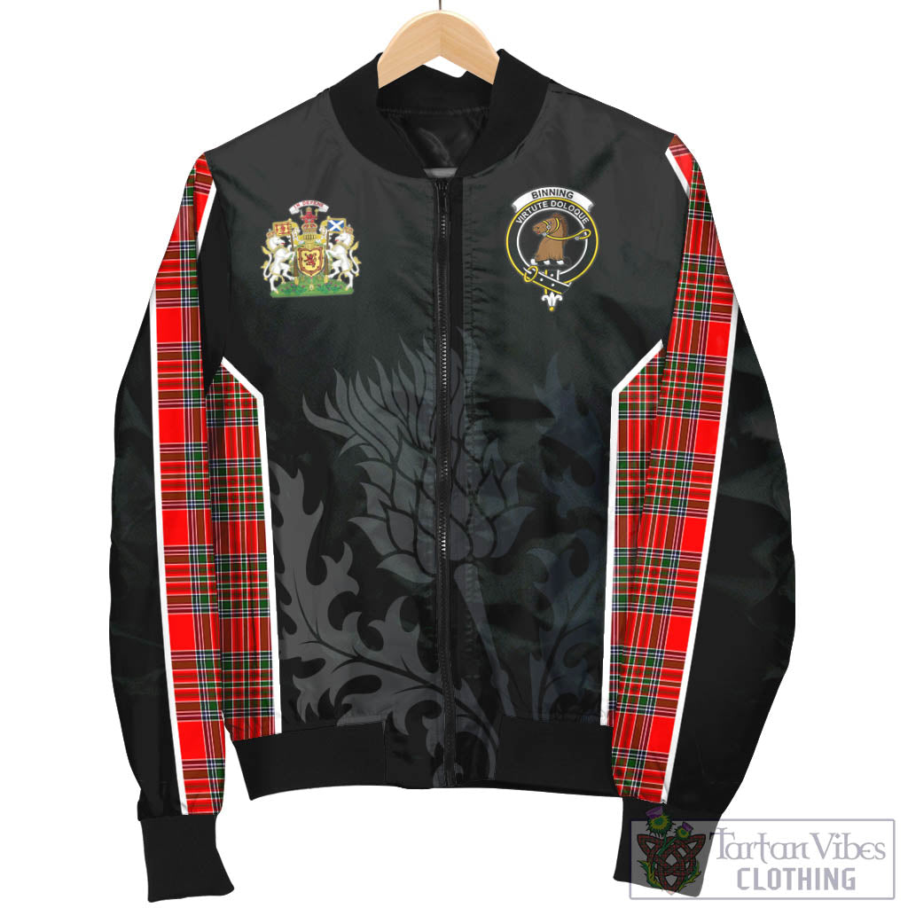 Tartan Vibes Clothing Binning Tartan Bomber Jacket with Family Crest and Scottish Thistle Vibes Sport Style