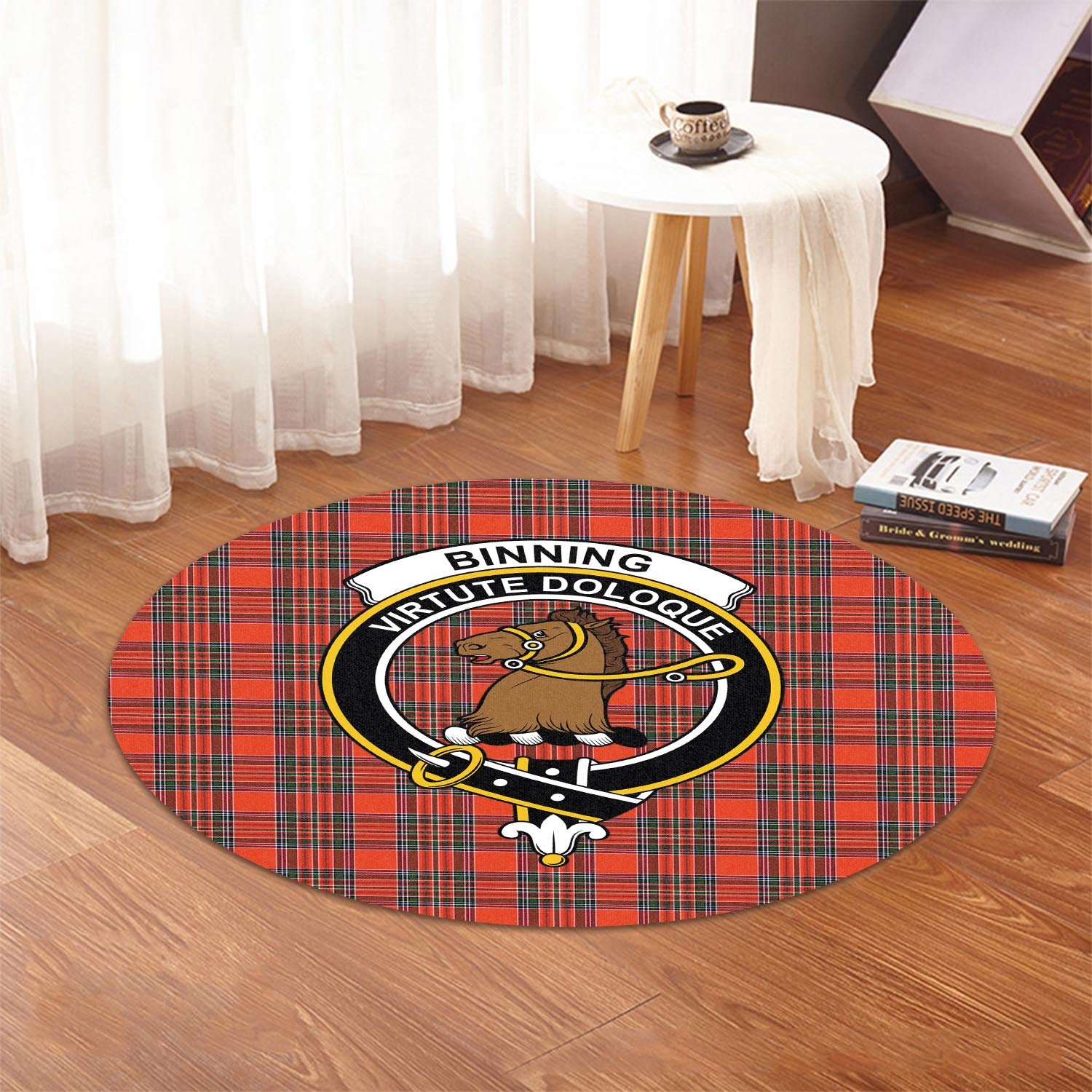 Binning Tartan Round Rug with Family Crest - Tartanvibesclothing