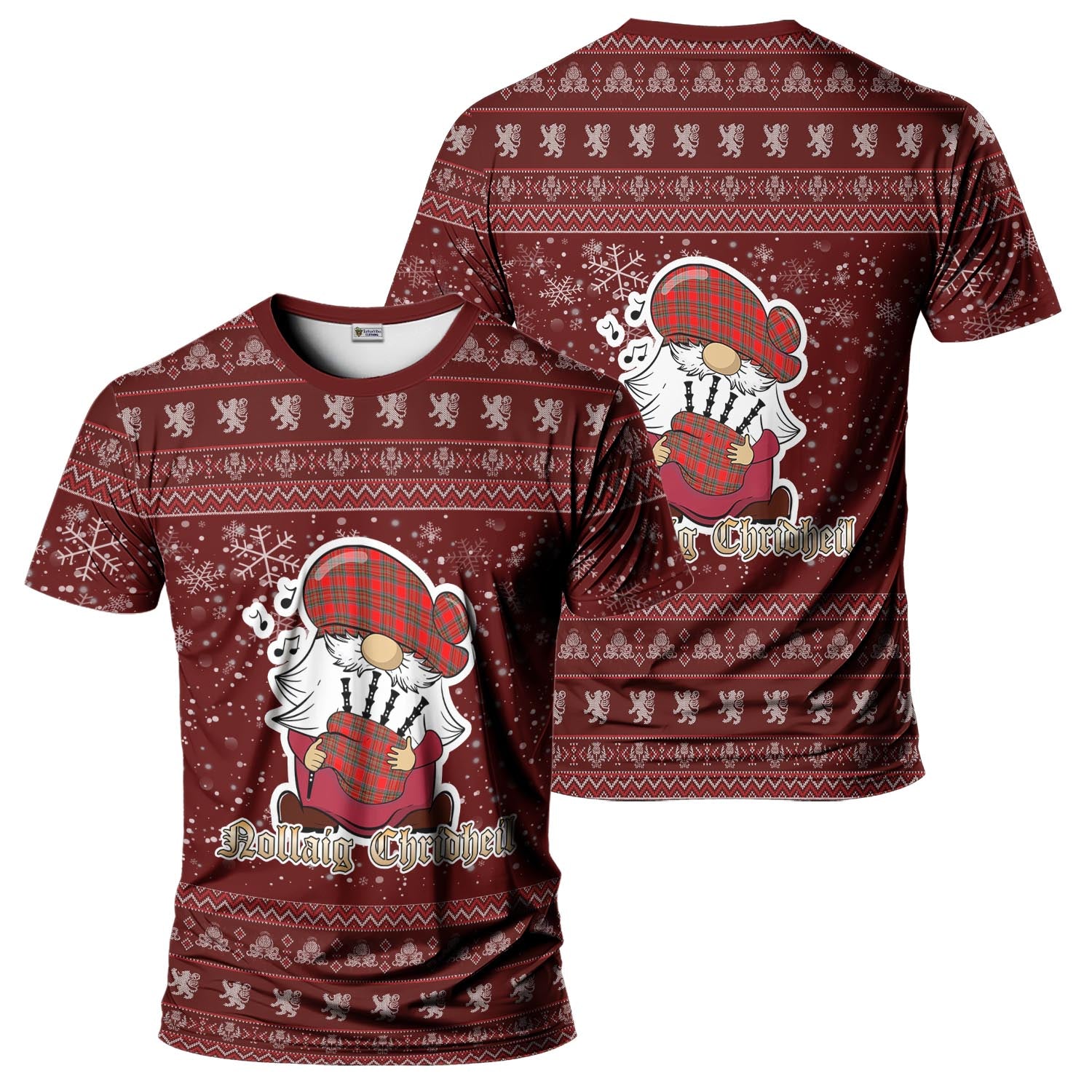 Binning Clan Christmas Family T-Shirt with Funny Gnome Playing Bagpipes - Tartanvibesclothing