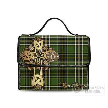 Birmingham Tartan Waterproof Canvas Bag Golden Thistle Celtic Cross Style Black Leather Strap One Size 10.5*20*27cm - Tartan Vibes Clothing