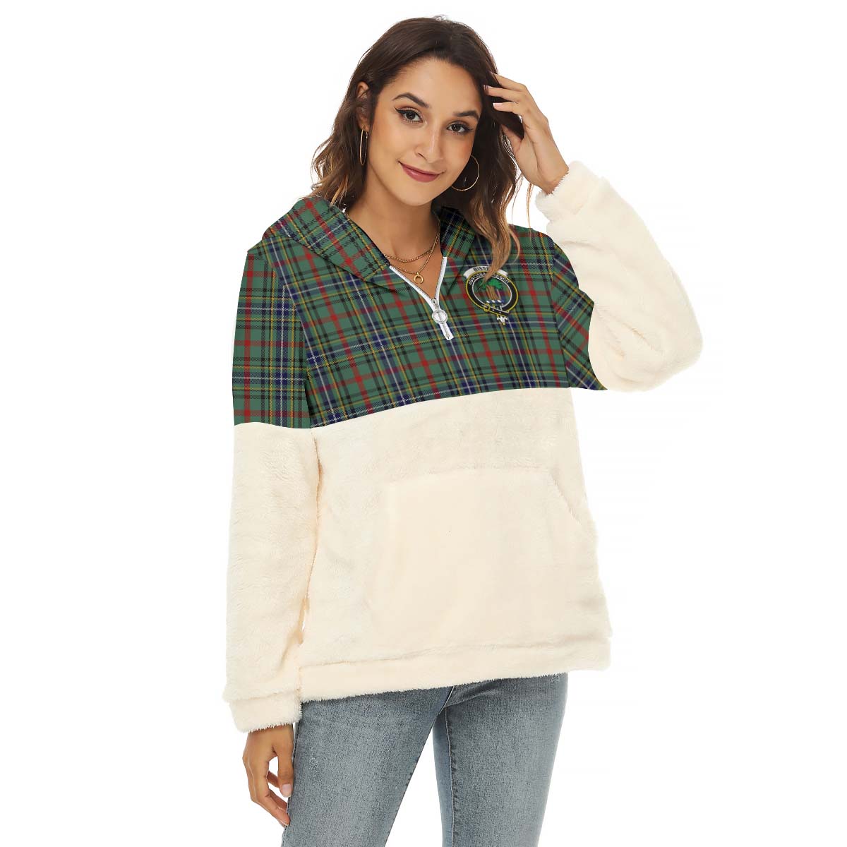 Bisset Tartan Women's Borg Fleece Hoodie With Half Zip with Family Crest Female - Tartanvibesclothing