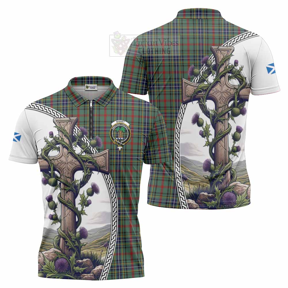 Tartan Vibes Clothing Bisset Tartan Zipper Polo Shirt with Family Crest and St. Andrew's Cross Accented by Thistle Vines