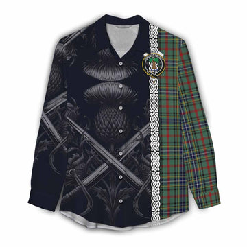 Bisset Tartan Women's Casual Shirt with Family Crest Cross Sword Thistle Celtic Vibes Female - Tartan Vibes Clothing