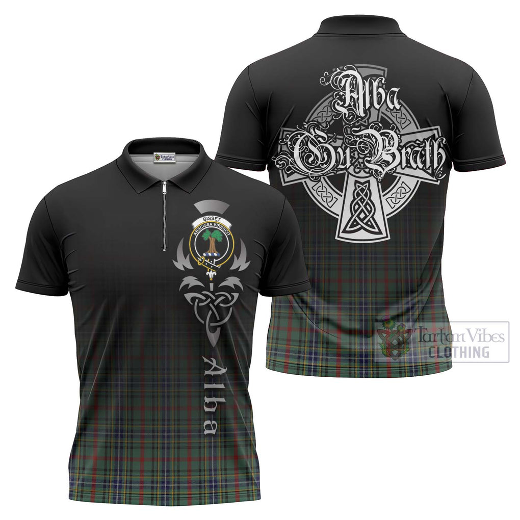 Tartan Vibes Clothing Bisset Tartan Zipper Polo Shirt Featuring Alba Gu Brath Family Crest Celtic Inspired