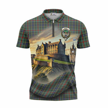 Bisset Tartan Family Crest Zipper Polo Shirt with Scottish Ancient Castle Style Unisex - Tartan Vibes Clothing