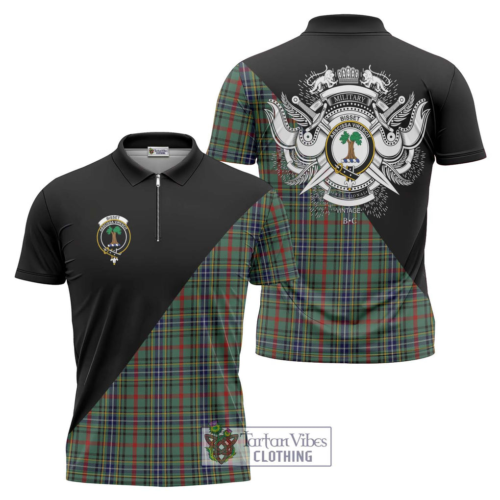 Bisset Tartan Zipper Polo Shirt with Family Crest and Military Logo Style Unisex - Tartanvibesclothing Shop