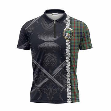 Bisset Tartan Zipper Polo Shirt with Family Crest Cross Sword Thistle Celtic Vibes Unisex - Tartan Vibes Clothing