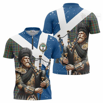 Bisset Tartan Zipper Polo Shirt with Family Crest Scottish Bagpiper Vibes