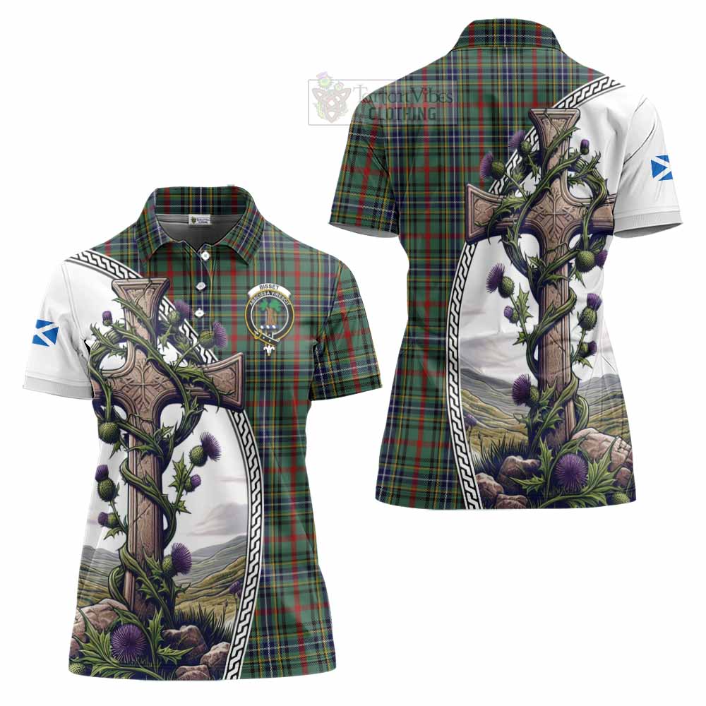 Tartan Vibes Clothing Bisset Tartan Women's Polo Shirt with Family Crest and St. Andrew's Cross Accented by Thistle Vines