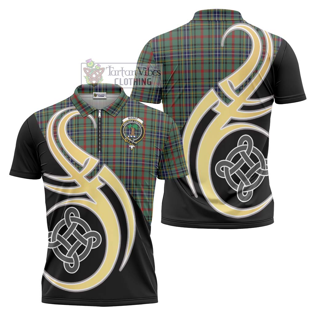 Tartan Vibes Clothing Bisset Tartan Zipper Polo Shirt with Family Crest and Celtic Symbol Style