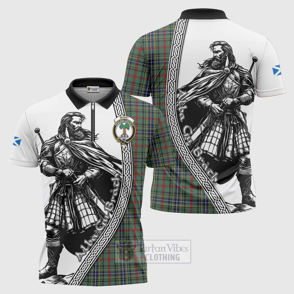 Bisset Tartan Clan Crest Zipper Polo Shirt with Highlander Warrior Celtic Style Unisex - Tartan Vibes Clothing