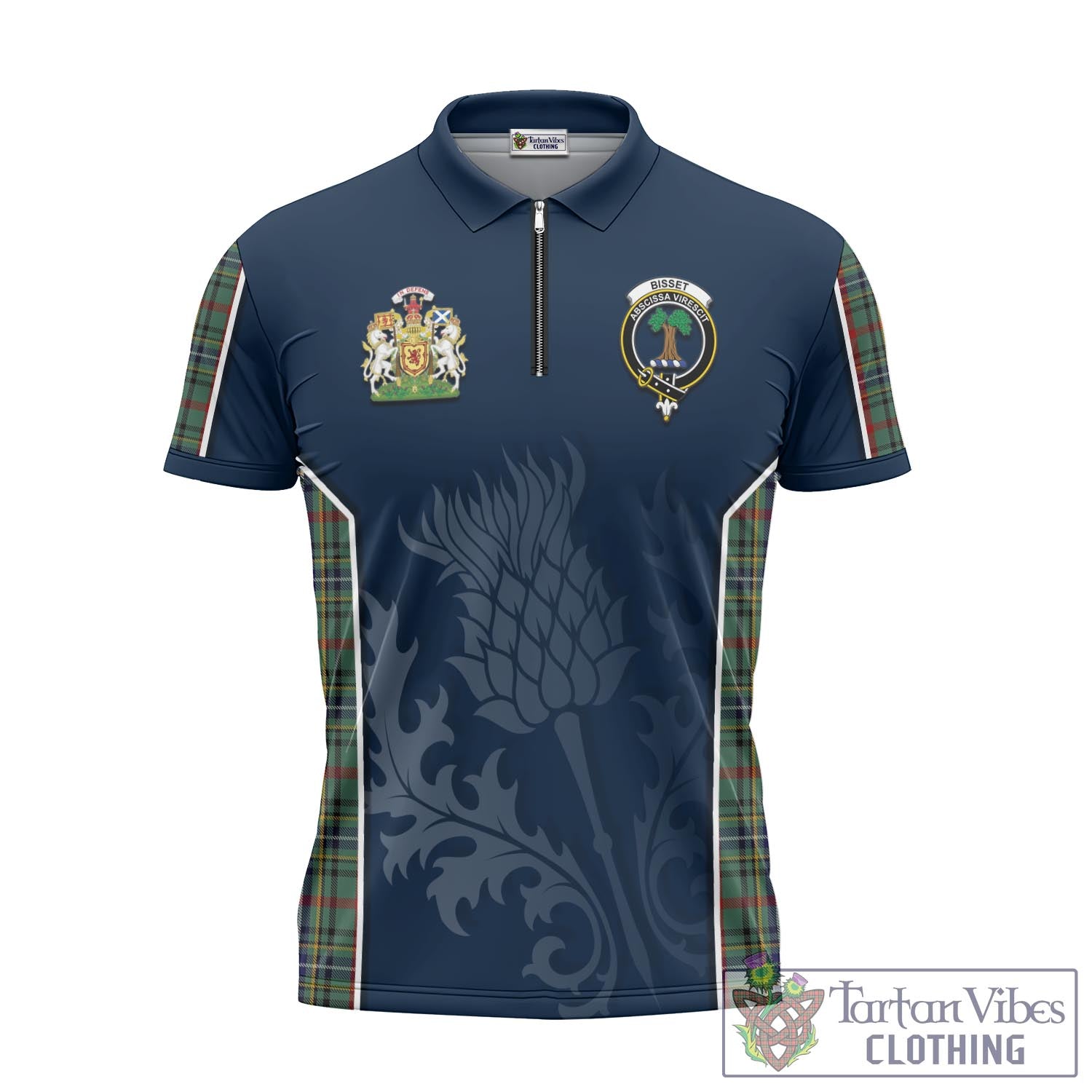 Tartan Vibes Clothing Bisset Tartan Zipper Polo Shirt with Family Crest and Scottish Thistle Vibes Sport Style