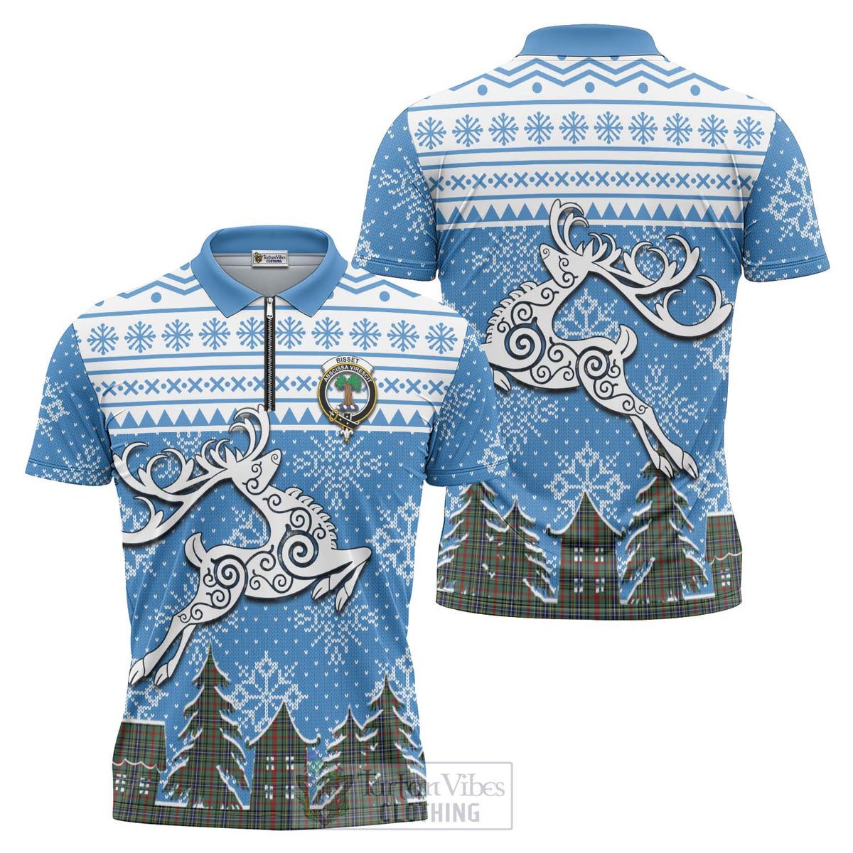 Bisset Clan Christmas Zipper Polo Shirt Celtic Reindeer Style Unisex - Tartan Vibes Clothing