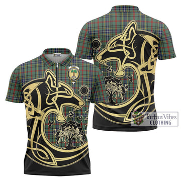 Bisset Tartan Zipper Polo Shirt with Family Crest Celtic Wolf Style