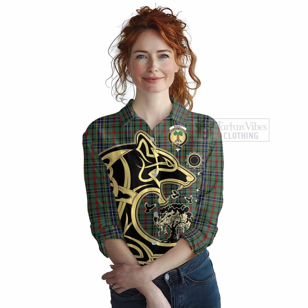 Tartan Vibes Clothing Bisset Tartan Women's Casual Shirt with Family Crest Celtic Wolf Style