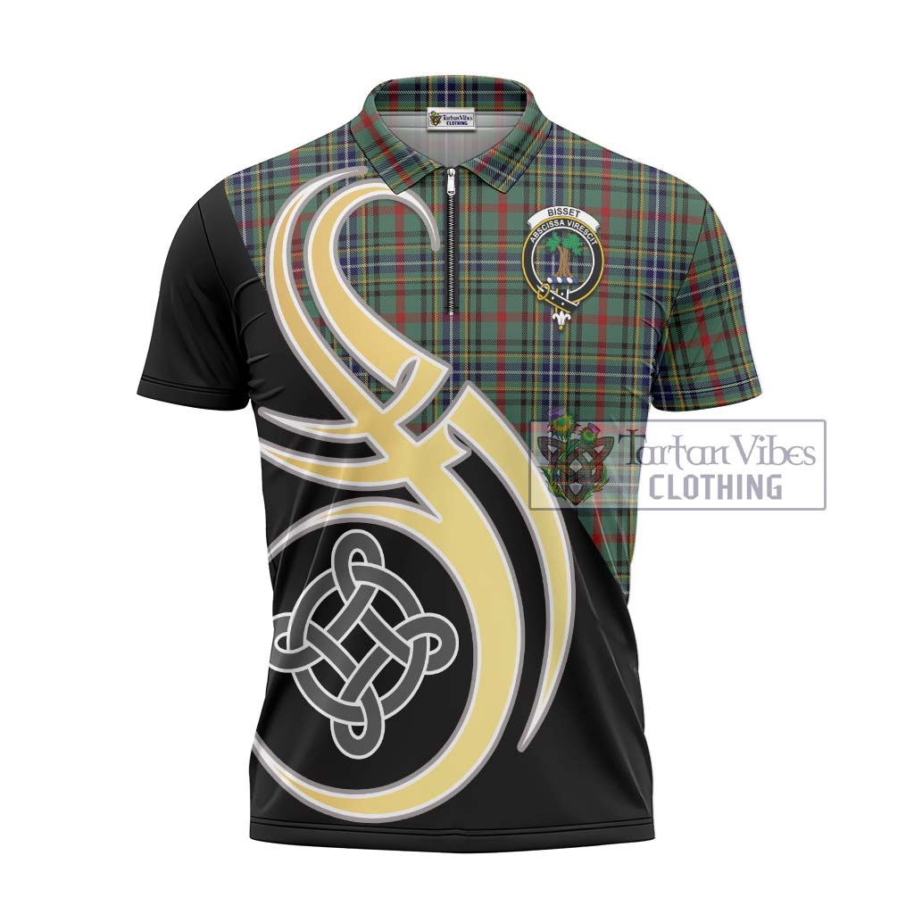 Tartan Vibes Clothing Bisset Tartan Zipper Polo Shirt with Family Crest and Celtic Symbol Style