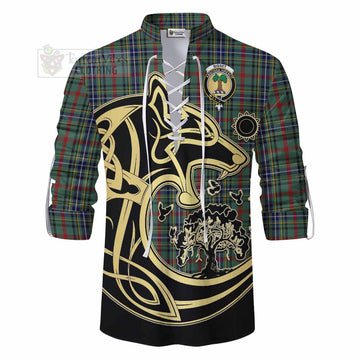 Bisset Tartan Ghillie Kilt Shirt with Family Crest Celtic Wolf Style - Tartan Vibes Clothing