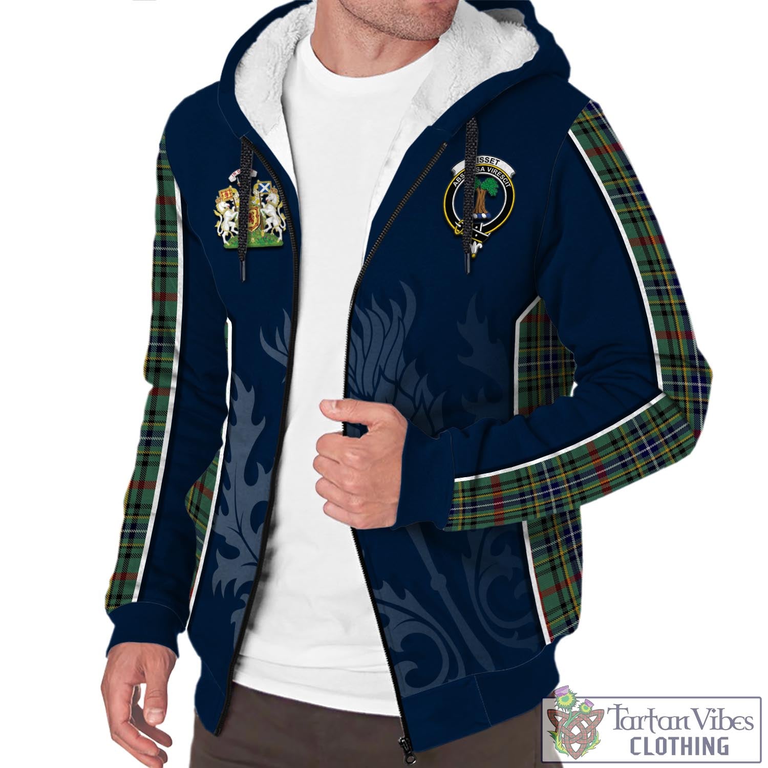Tartan Vibes Clothing Bisset Tartan Sherpa Hoodie with Family Crest and Scottish Thistle Vibes Sport Style