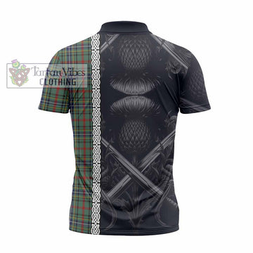 Bisset Tartan Zipper Polo Shirt with Family Crest Cross Sword Thistle Celtic Vibes - Tartan Vibes Clothing