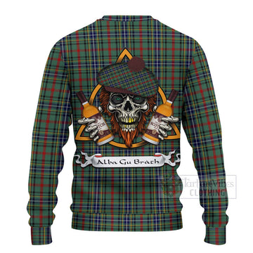 Bisset Tartan Ugly Sweater with Family Crest and Bearded Skull Holding Bottles of Whiskey