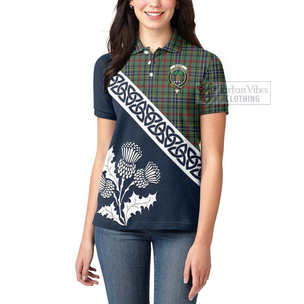 Tartan Vibes Clothing Bisset Tartan Women's Polo Shirt Featuring Thistle and Scotland Map