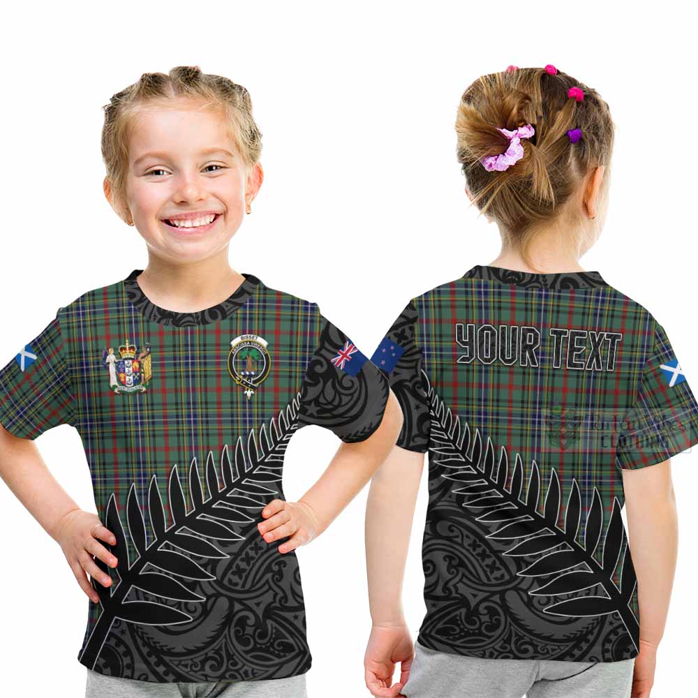 Tartan Vibes Clothing Bisset Crest Tartan Kid T-Shirt with New Zealand Silver Fern Half Style