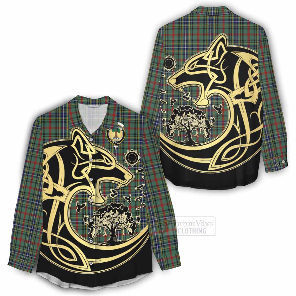 Tartan Vibes Clothing Bisset Tartan Women's Casual Shirt with Family Crest Celtic Wolf Style